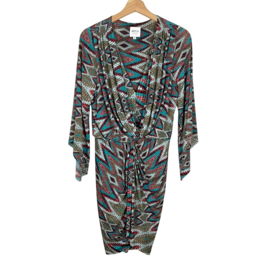 MISA Los Angeles Teget Geometric Print Twist Front Midi Dress Womens Size Medium